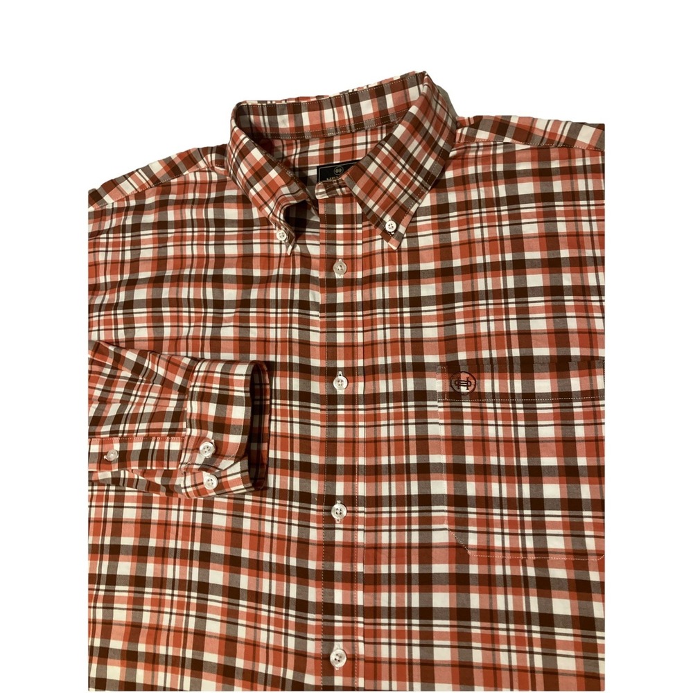HEYBO Plaid Button Down Shirt Men's Large Long Sleeve Brown Orange White Classic